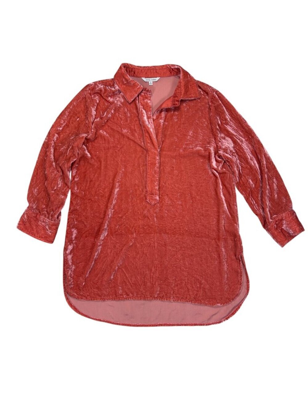 John Mark Small Orange Crushed Velvet Tunic Top Lightweight Soft 3/4 Sleeve
